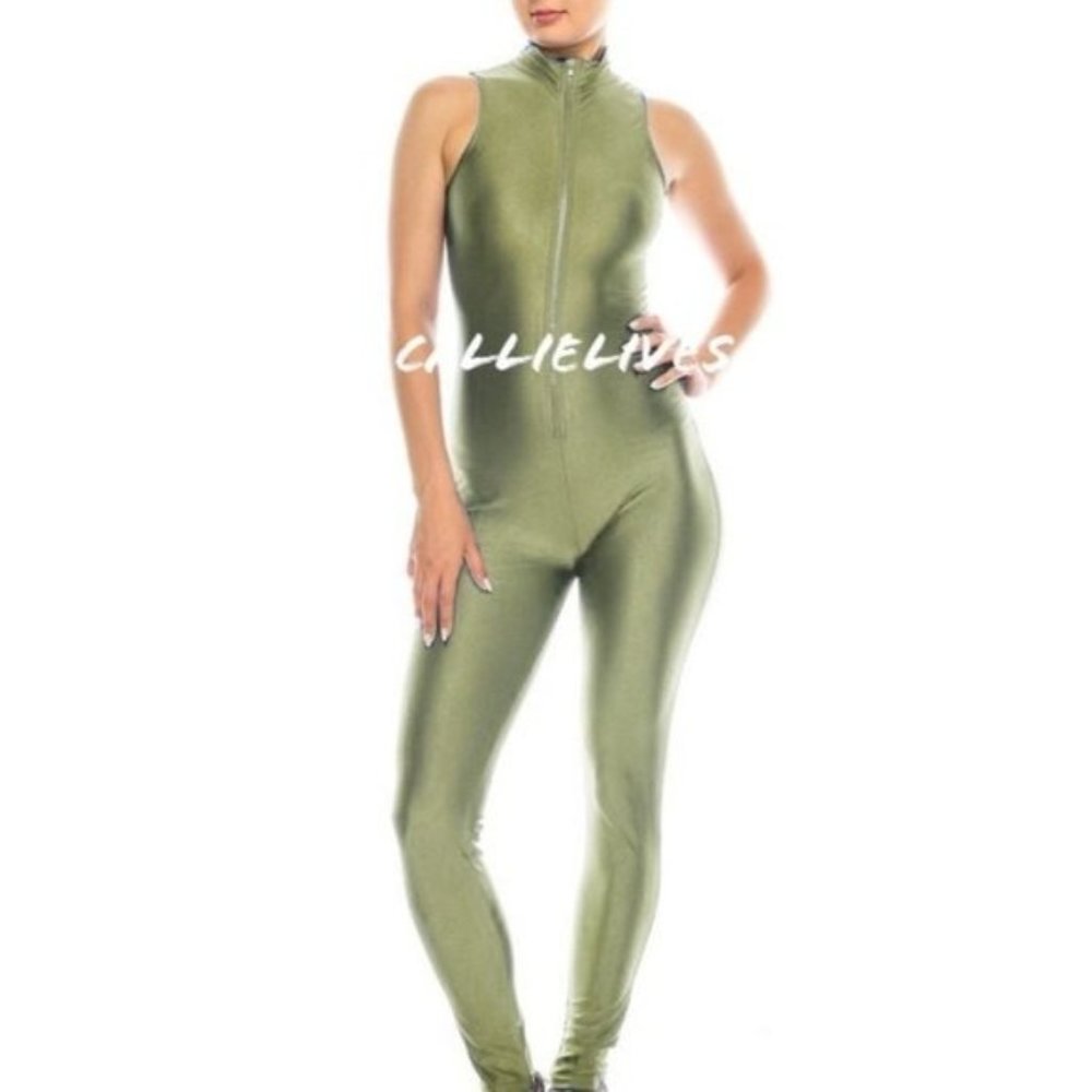 Callie Lives Miz Liquid: Sage Green Shiny Biker Zip-Up Gym Jumpsuit Medium